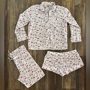 Victoria's Secret 3-pc Pajama Set PJs Lg White Perfume Diamonds Lipstick Beauty